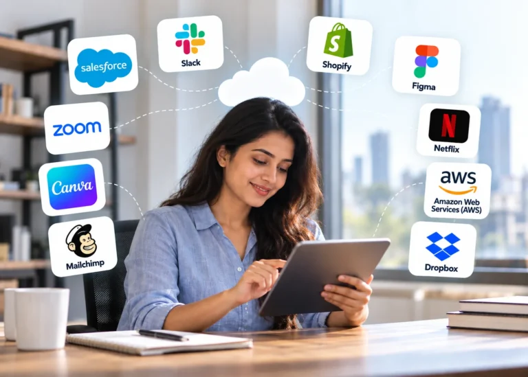 10 real-life SaaS examples including Salesforce, Slack, Shopify, Figma, Mailchimp, Canva, Zoom, Netflix, AWS, and Dropbox
