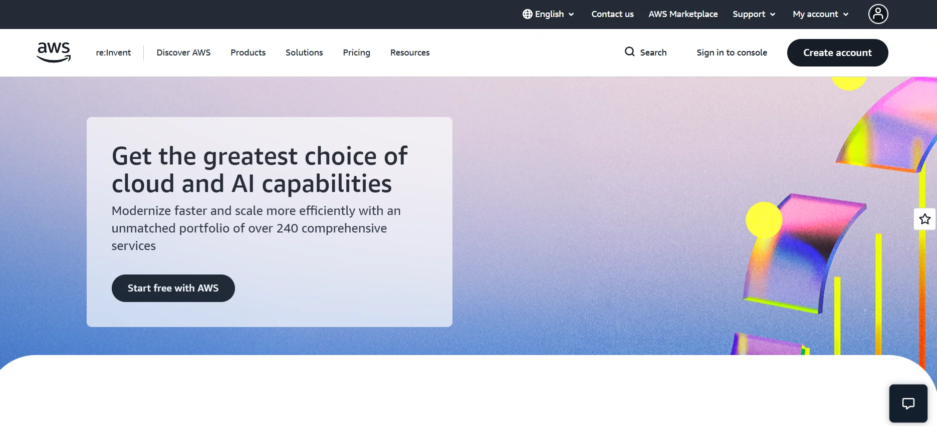 AWS cloud and AI services homepage showcasing over 240 cloud capabilities
