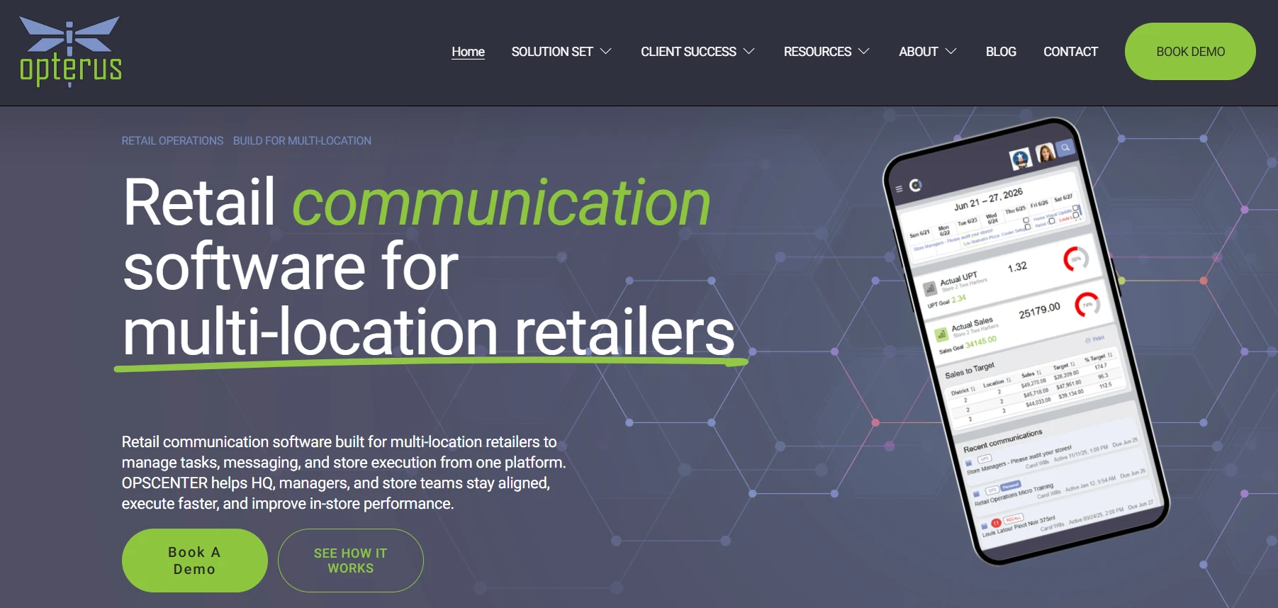 OPSCENTER retail communication software dashboard displayed on a smartphone for multi-location retail operations