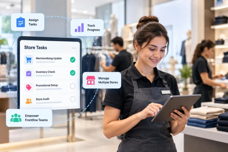 Retail employee using a tablet to manage store tasks, inventory checks, merchandising, and promotional activities