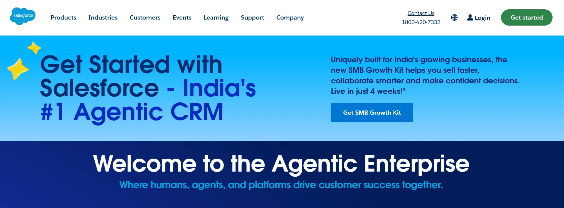 Salesforce Agentic CRM homepage showing India SMB Growth Kit and Agentic Enterprise messaging