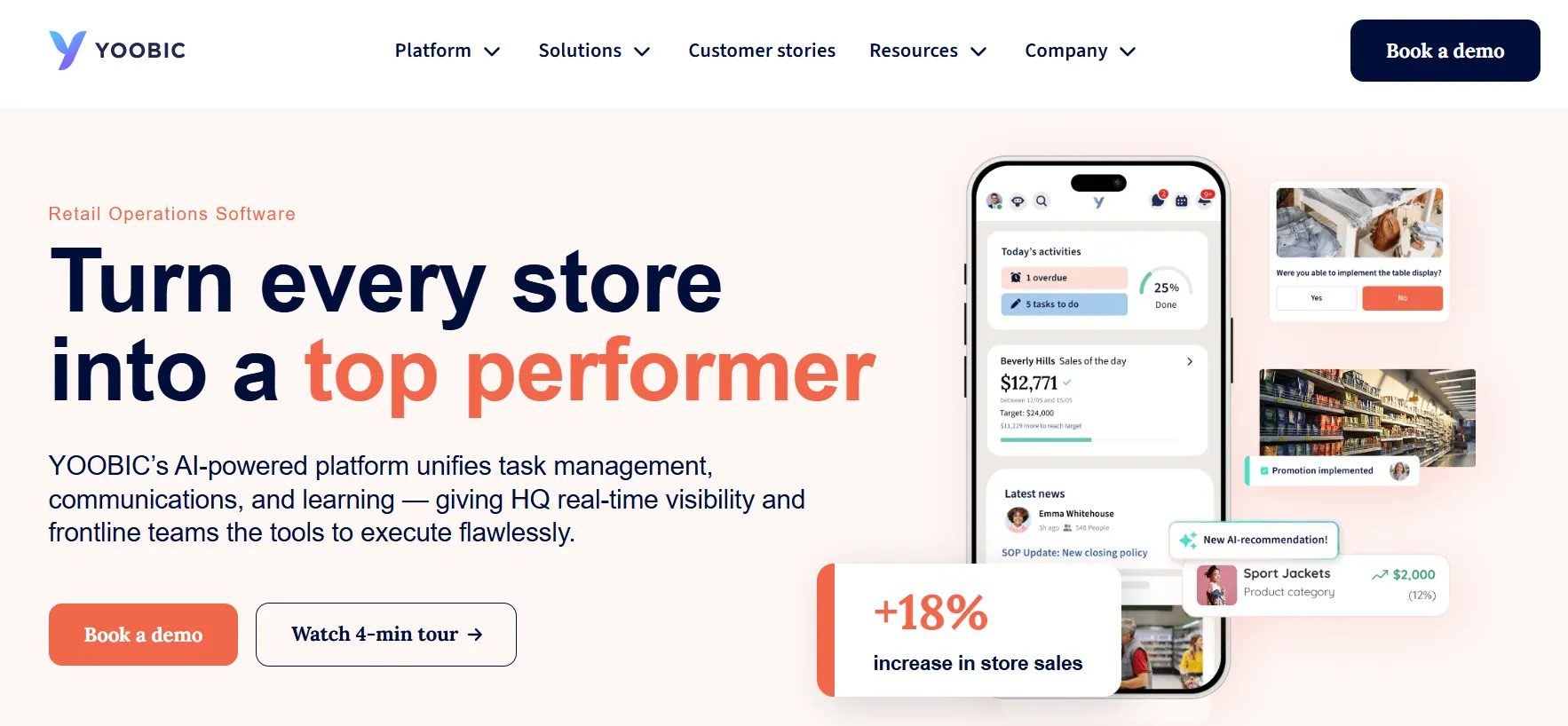 YOOBIC retail operations software dashboard showing store tasks, sales data, and frontline performance on a mobile device
