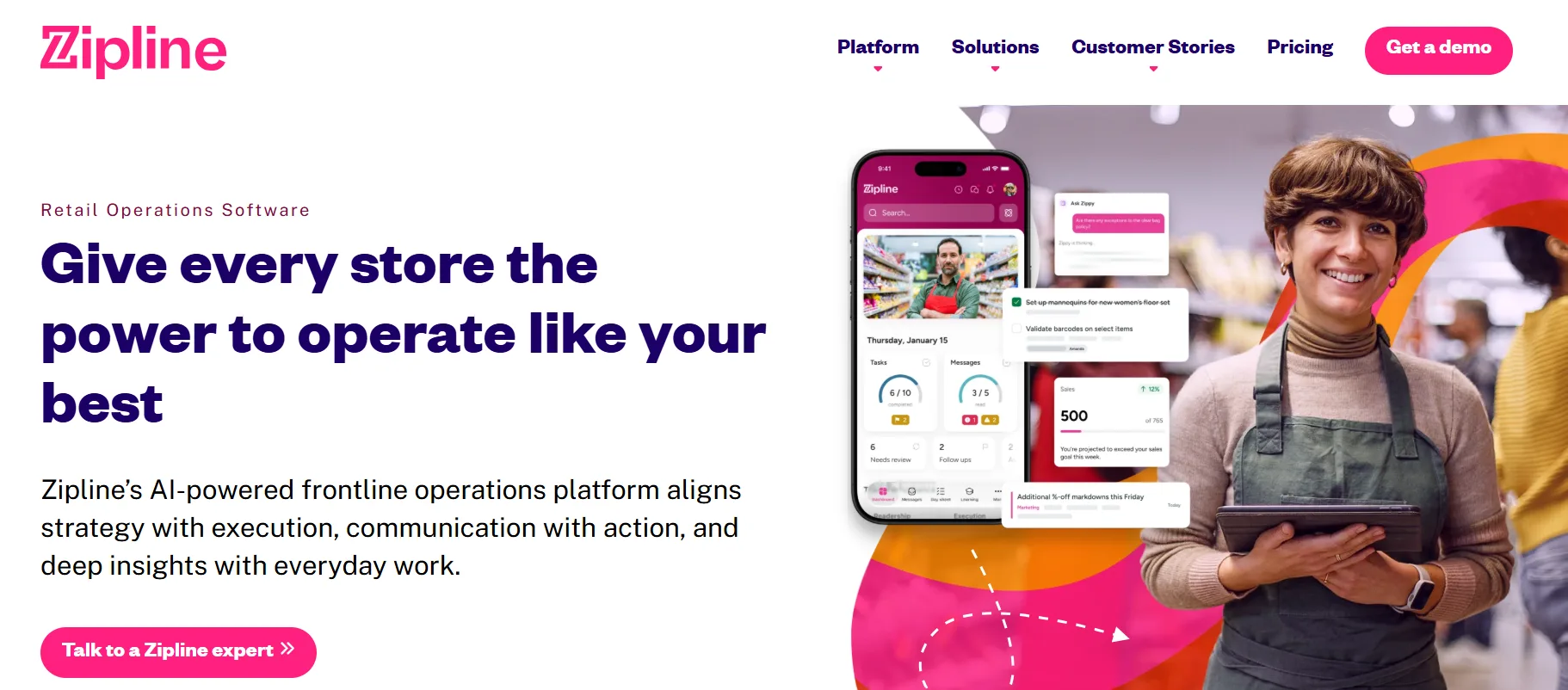 Zipline retail operations platform showing task management, store communication, sales insights, and frontline workflows