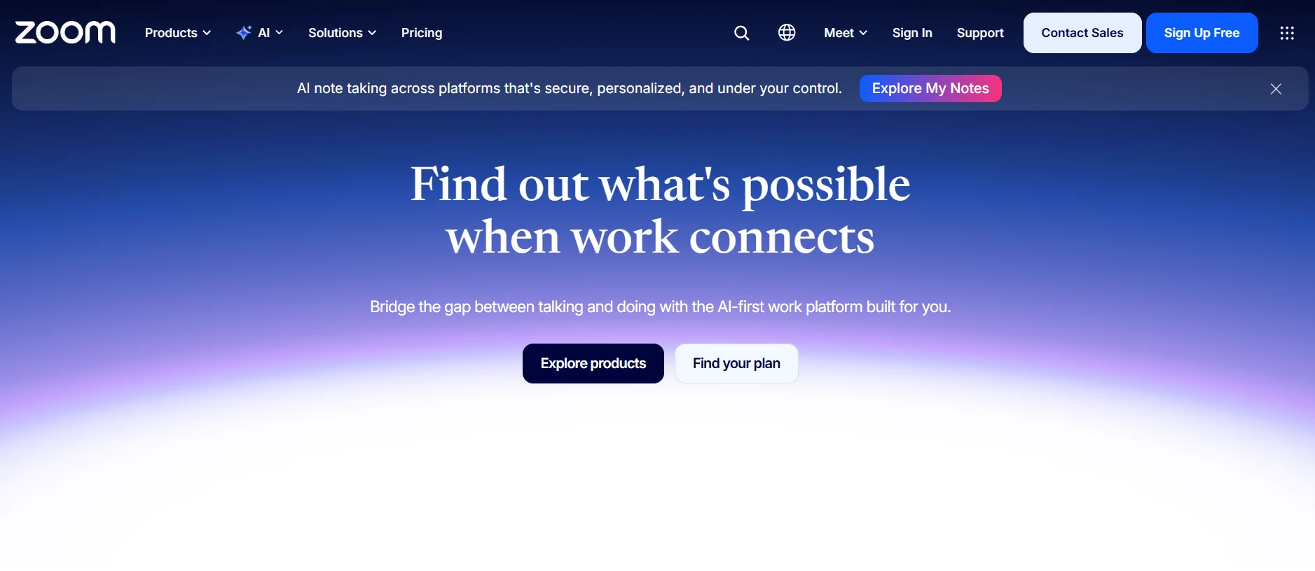 Zoom AI-first work platform homepage showing connected work and AI note-taking features