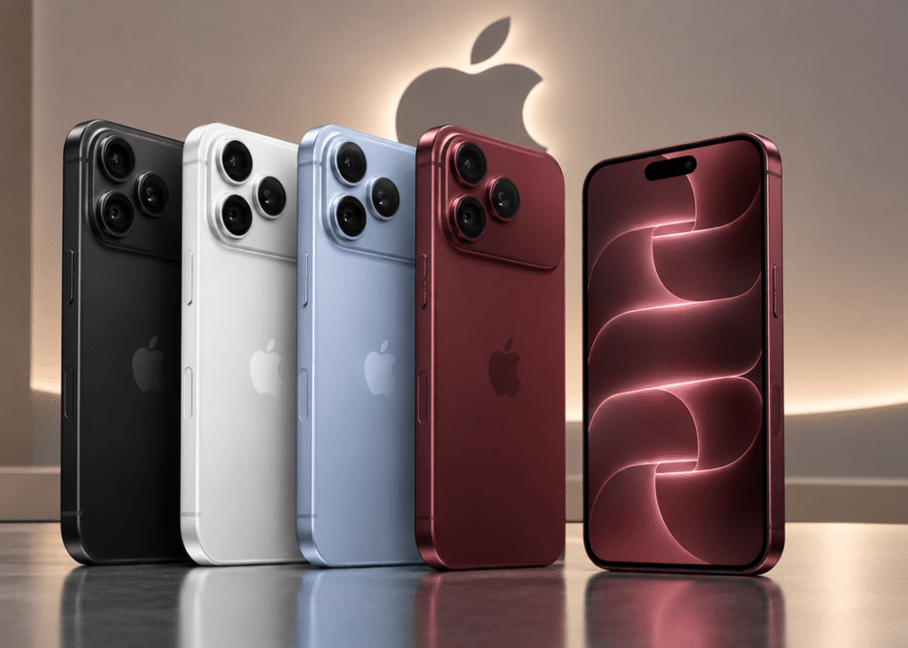 iPhone 18 Pro and iPhone 18 Pro Max shown in black, silver, blue, and burgundy finishes with a glowing Apple logo in the background.