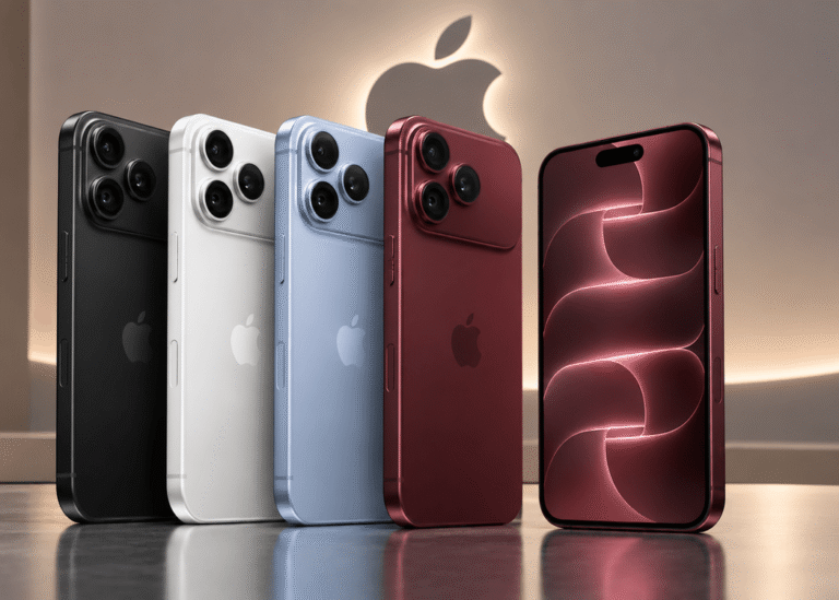 iPhone 18 Pro and iPhone 18 Pro Max shown in black, silver, blue, and burgundy finishes with a glowing Apple logo in the background.