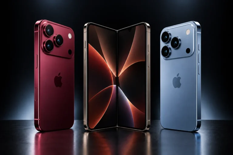 iPhone 18, iPhone 18 Pro, iPhone 18 Pro Max and a foldable iPhone concept displayed together, featuring sleek designs and advanced rear camera systems.