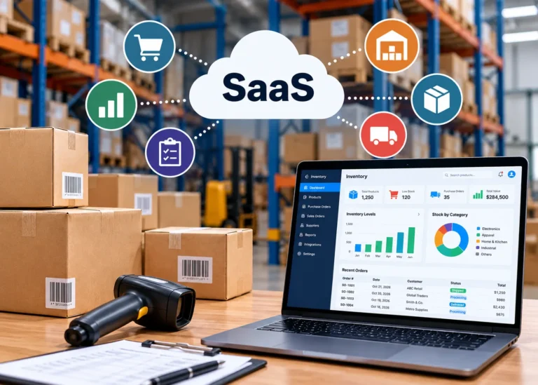 SaaS inventory management software dashboard with warehouse boxes, barcode scanner, and laptop displaying inventory analytics