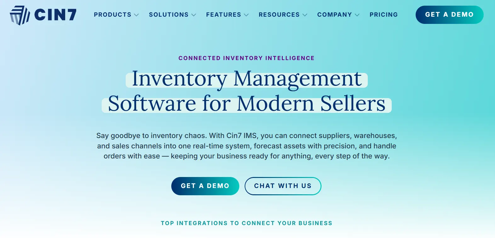 Cin7 inventory management software homepage featuring connected inventory intelligence for modern sellers