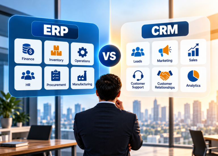 ERP vs CRM comparison showing business operations, finance, inventory, sales, marketing, and customer