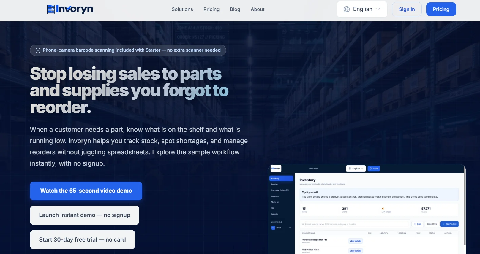 Invoryn inventory management software dashboard showing stock tracking, low-stock alerts, and phone-camera barcode scanning for parts and supplies